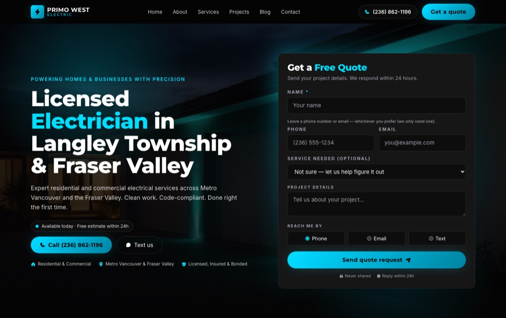 Primo West Electric website built by Webscales